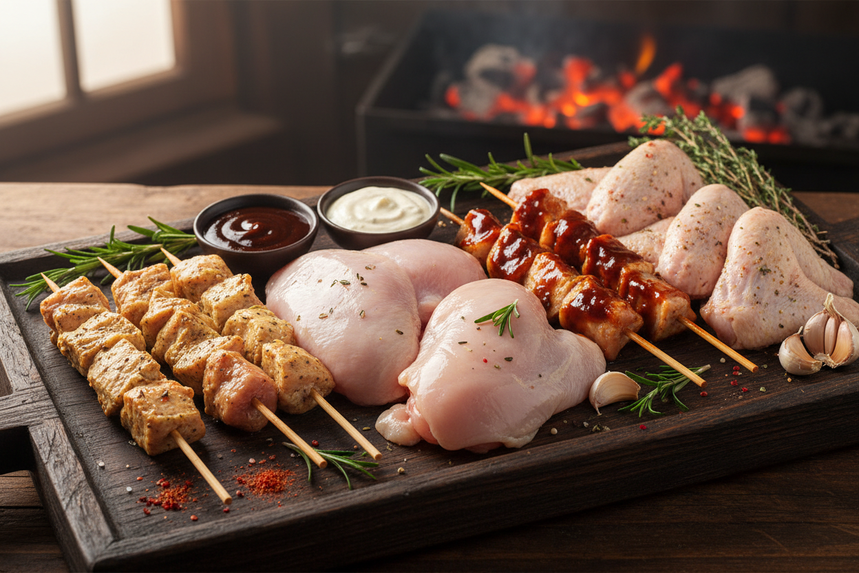 Pack Barbacoa de Pollo para 4 Personas - muslos, brochetas y alitas frescos artesanales